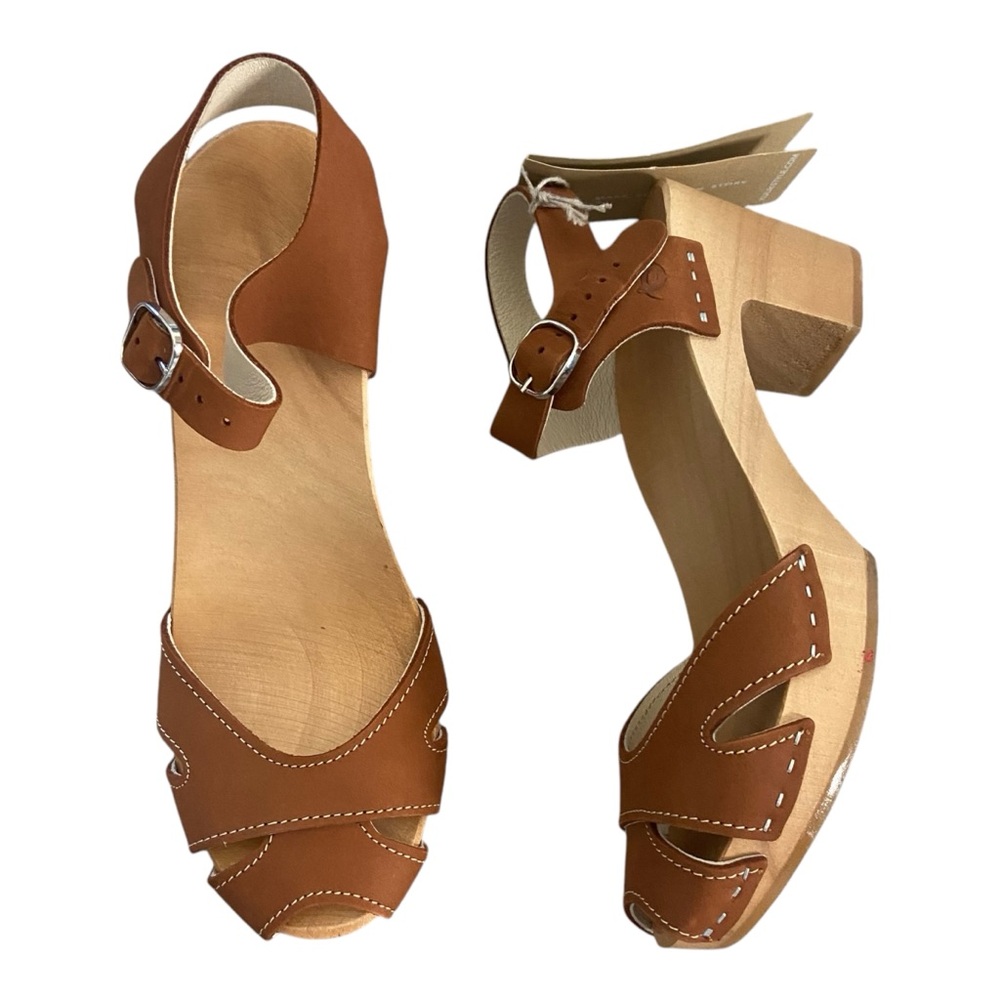 Tan and Brown Leather Mules with Block Heel